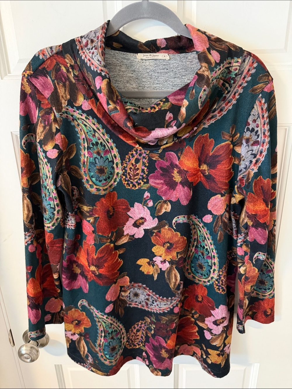 Jess & Jane Valencia Tunic Top Soft Floral Paisley Cowl Neck Made in USA Small